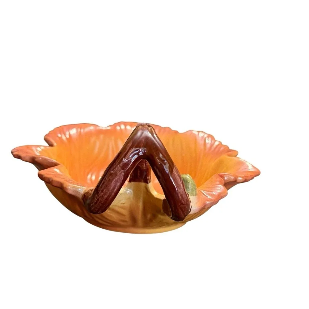 FIGI Autumn Leaf Handled Bowl Candy Nut Dish Fall Thanksgiving Orange Ceramic